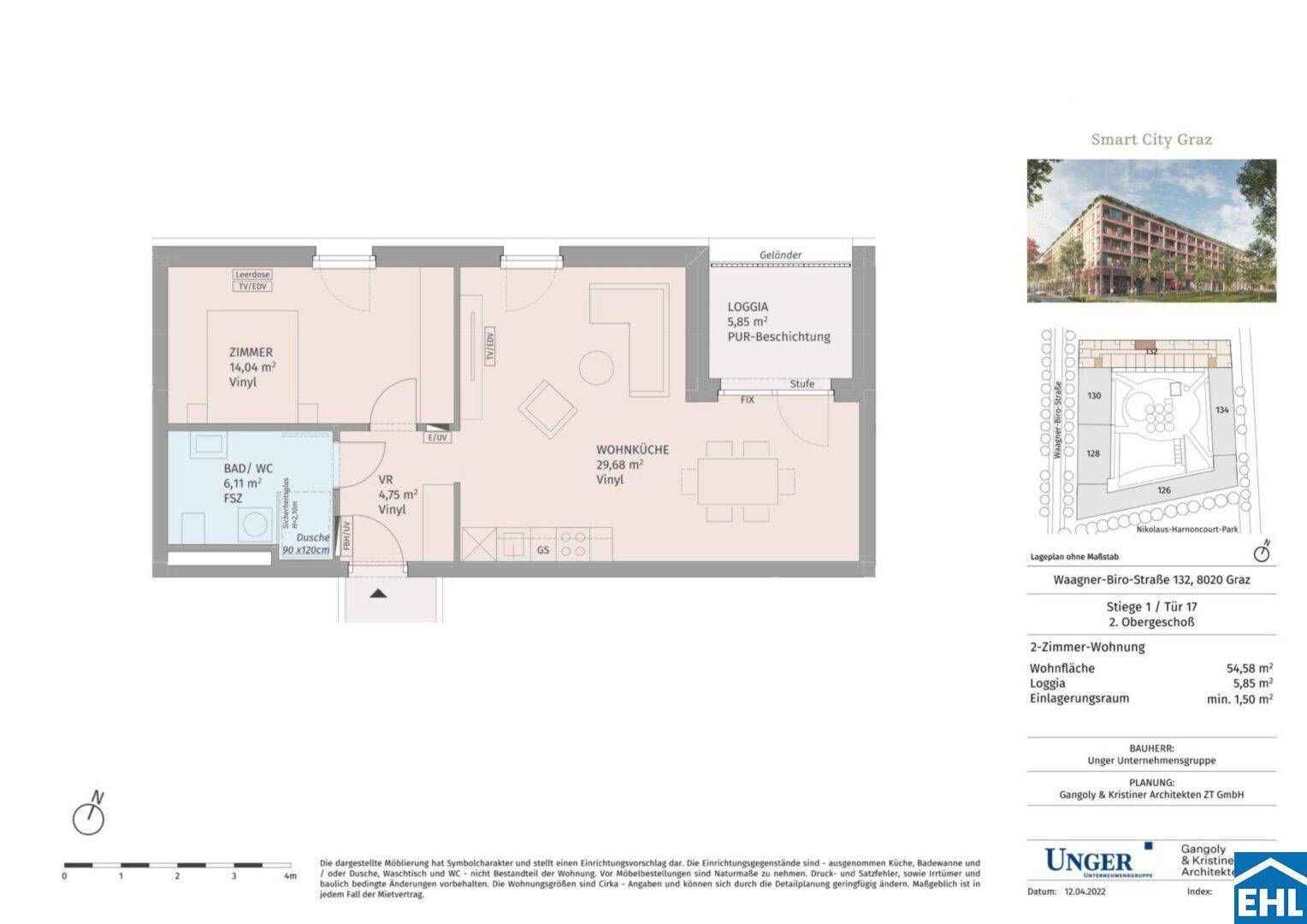 Grundriss einer 2-Zimmer-Wohnung mit Wohnküche, Schlafzimmer und Loggia.