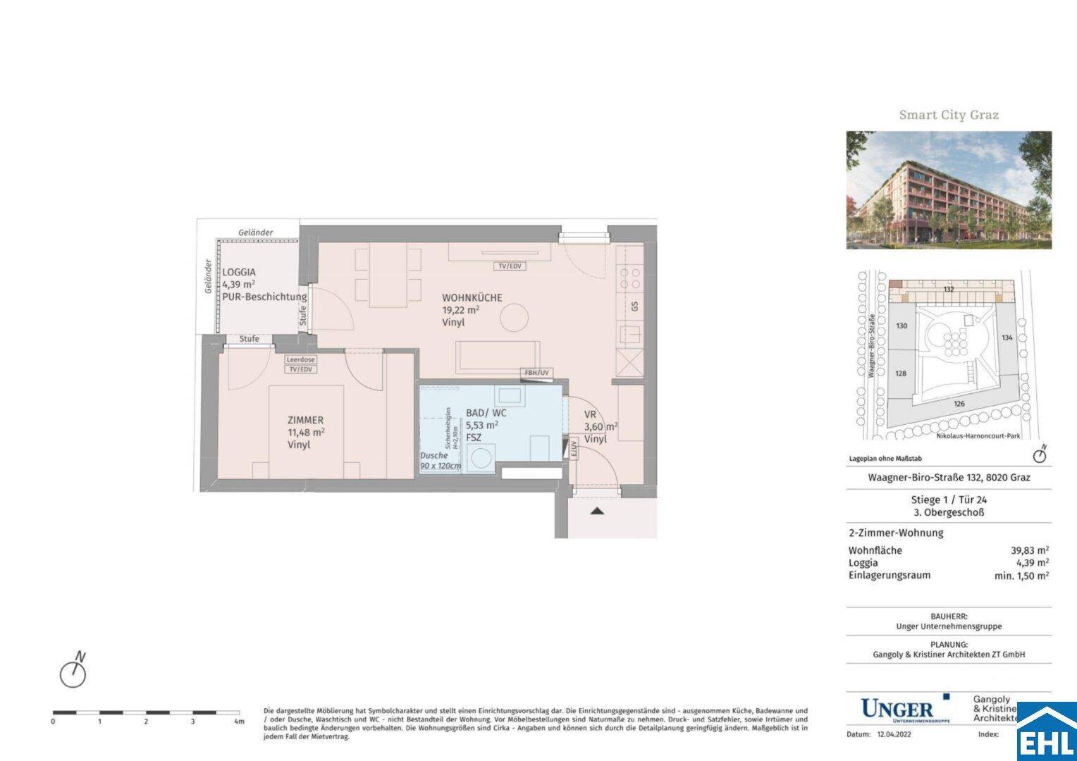 Grundriss einer 2-Zimmer-Wohnung mit Loggia und separatem Abstellraum.