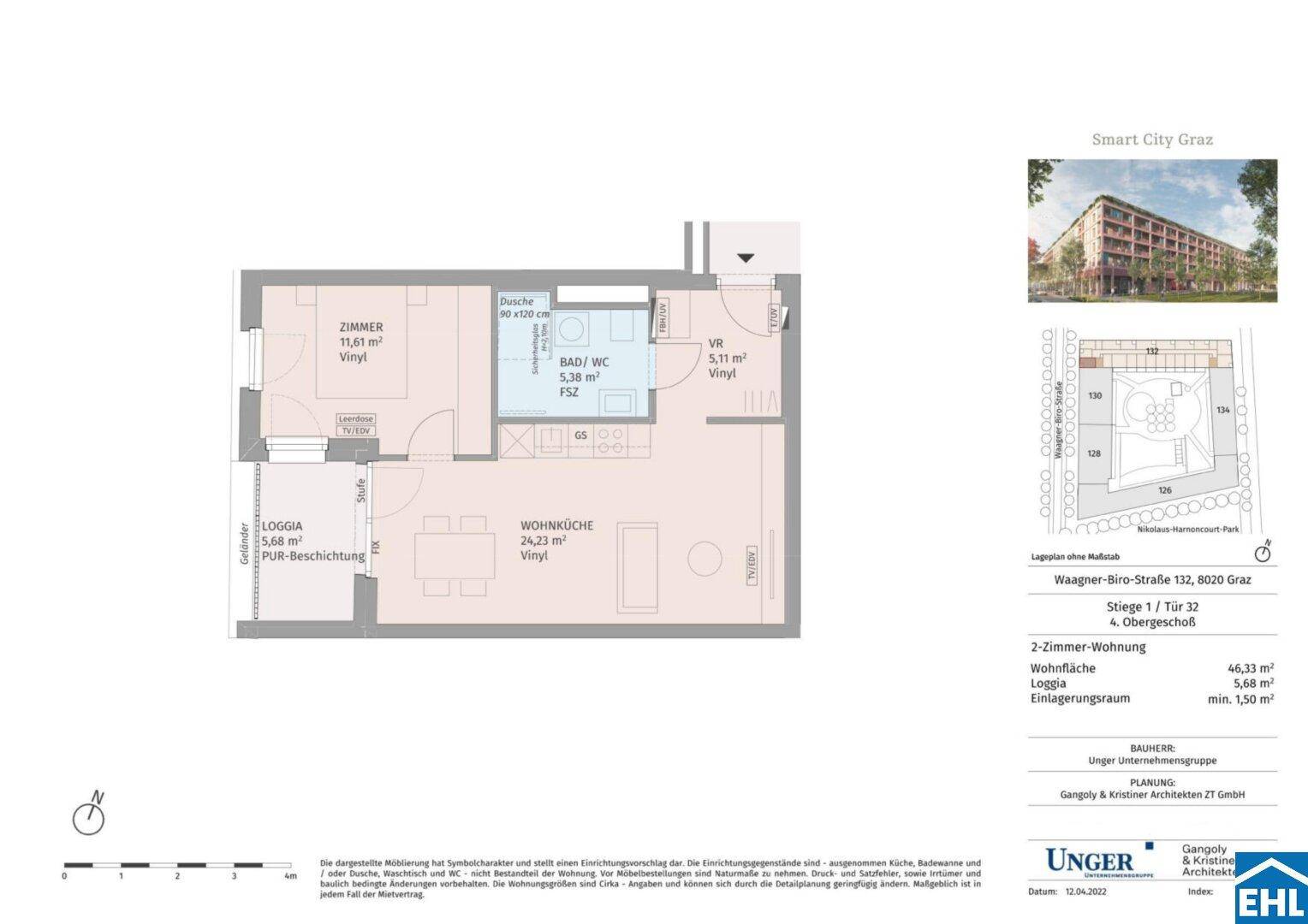 Grundriss einer 2-Zimmer-Wohnung mit Wohnküche, Loggia und Bad.