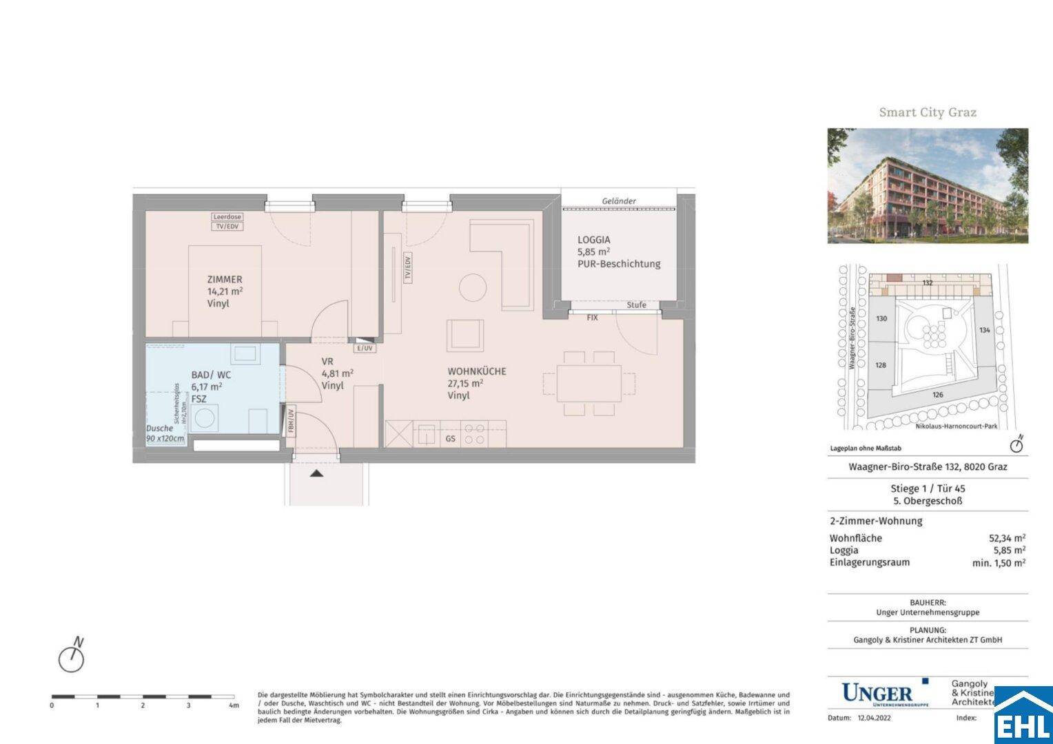 Grundriss einer 2-Zimmer-Wohnung mit Wohnküche und Loggia.