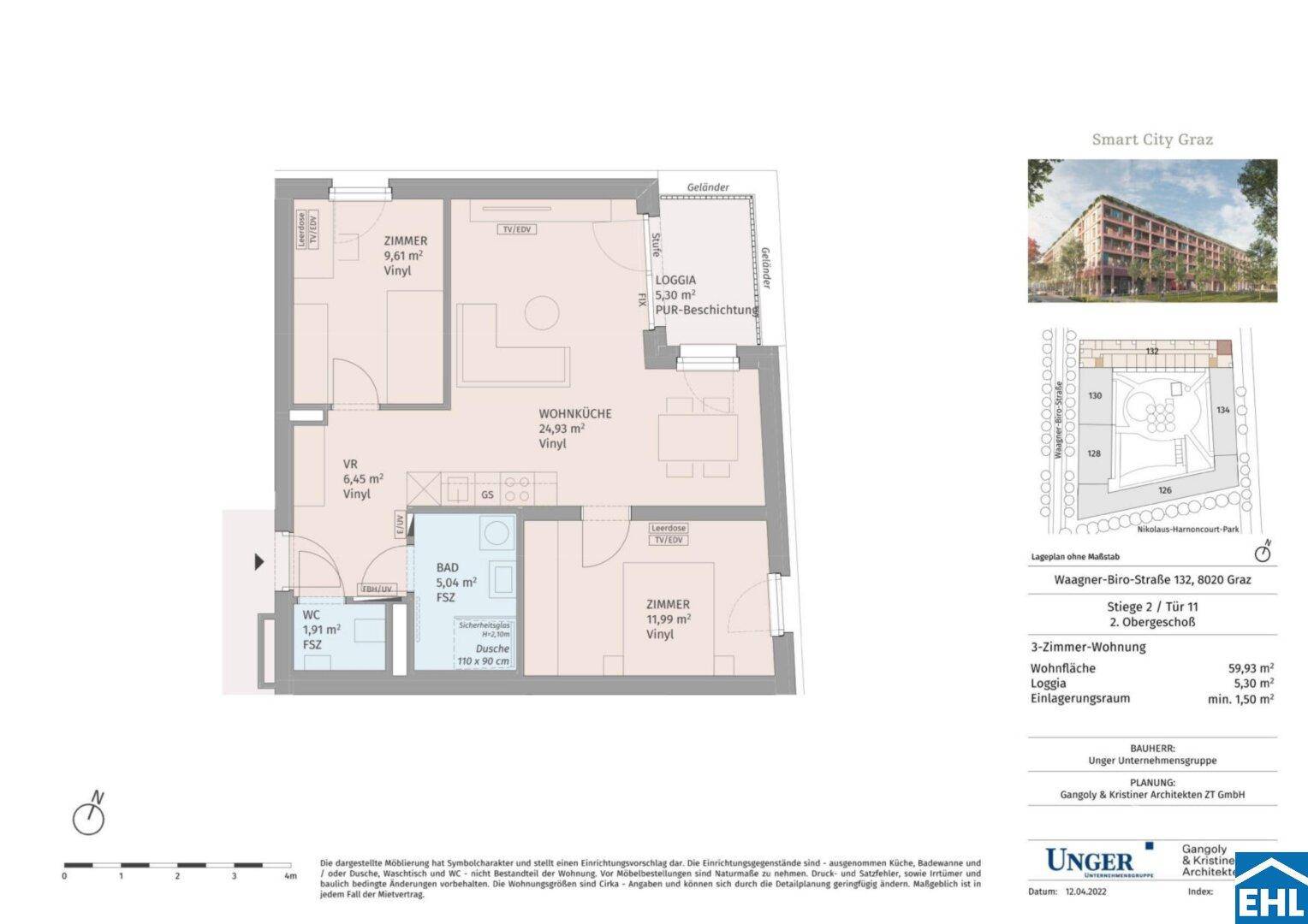 Grundriss einer 3-Zimmer-Wohnung mit offener Wohnküche, Loggia und separatem WC.