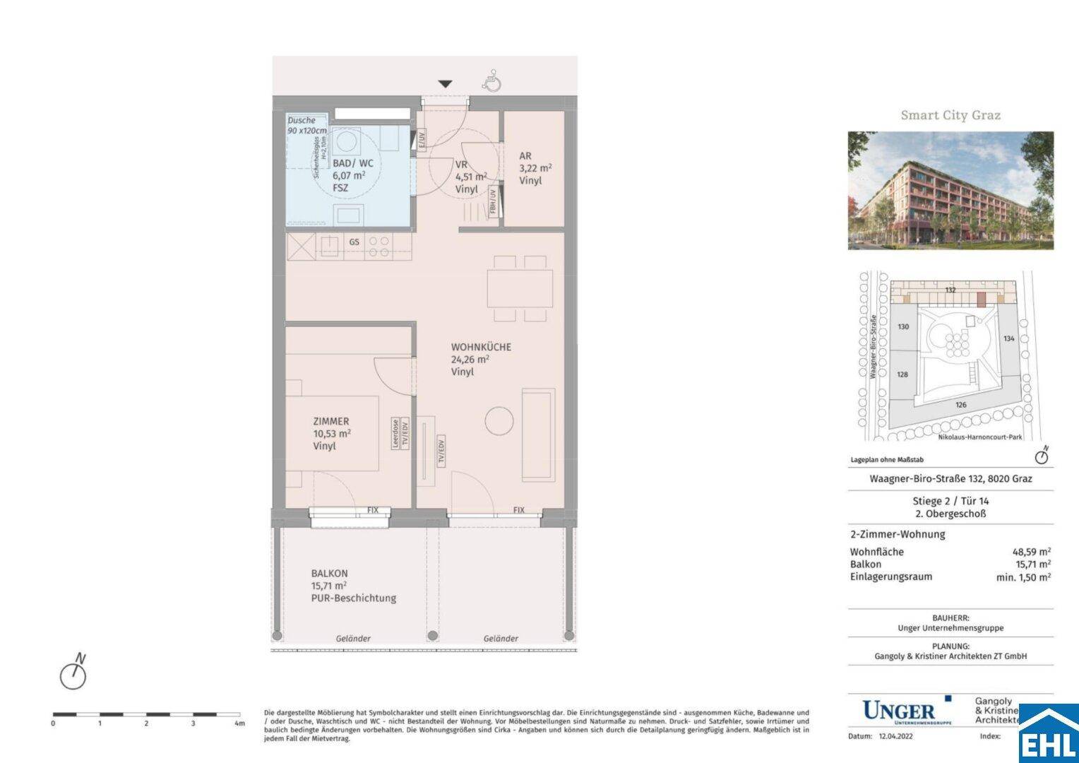 Grundriss einer 2-Zimmer-Wohnung mit offenem Wohnbereich, Bad und Balkon.