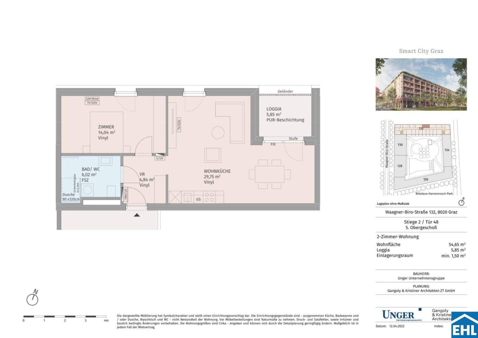 Grundriss einer 2-Zimmer-Wohnung mit Wohnküche, Bad und Loggia.