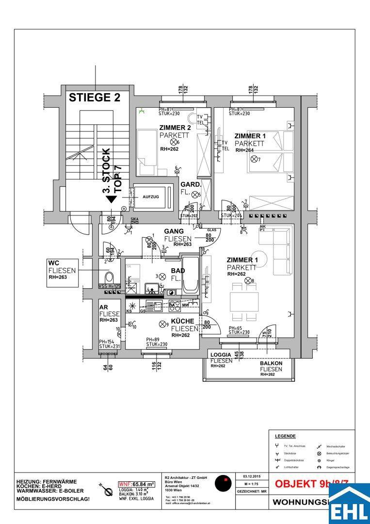 Detaillierter Grundriss einer Wohnung mit drei Zimmern, Küche, Bad, WC, Loggia und Balkon.