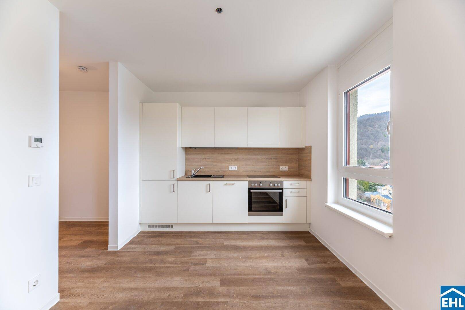 Moderne Einbauküche mit weißen Schränken, integrierten Geräten und Laminatboden.