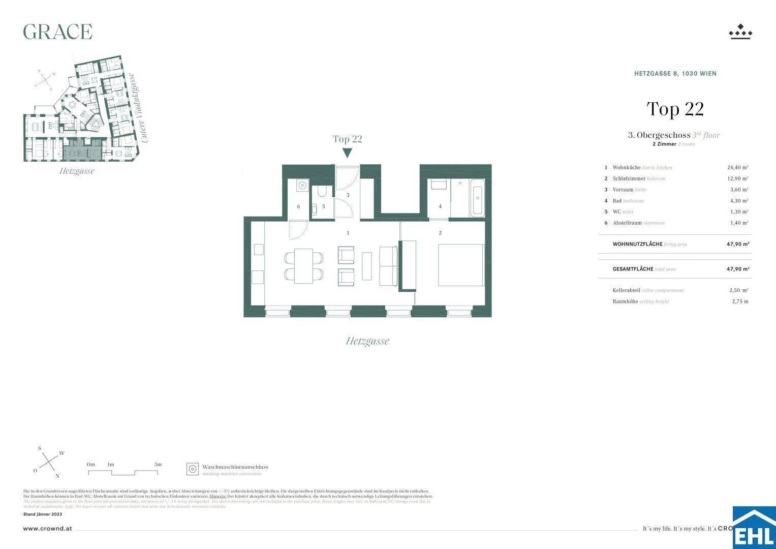 Grundriss der Wohnung Top 22 mit Wohnbereich, Schlafzimmer und zwei Bädern.