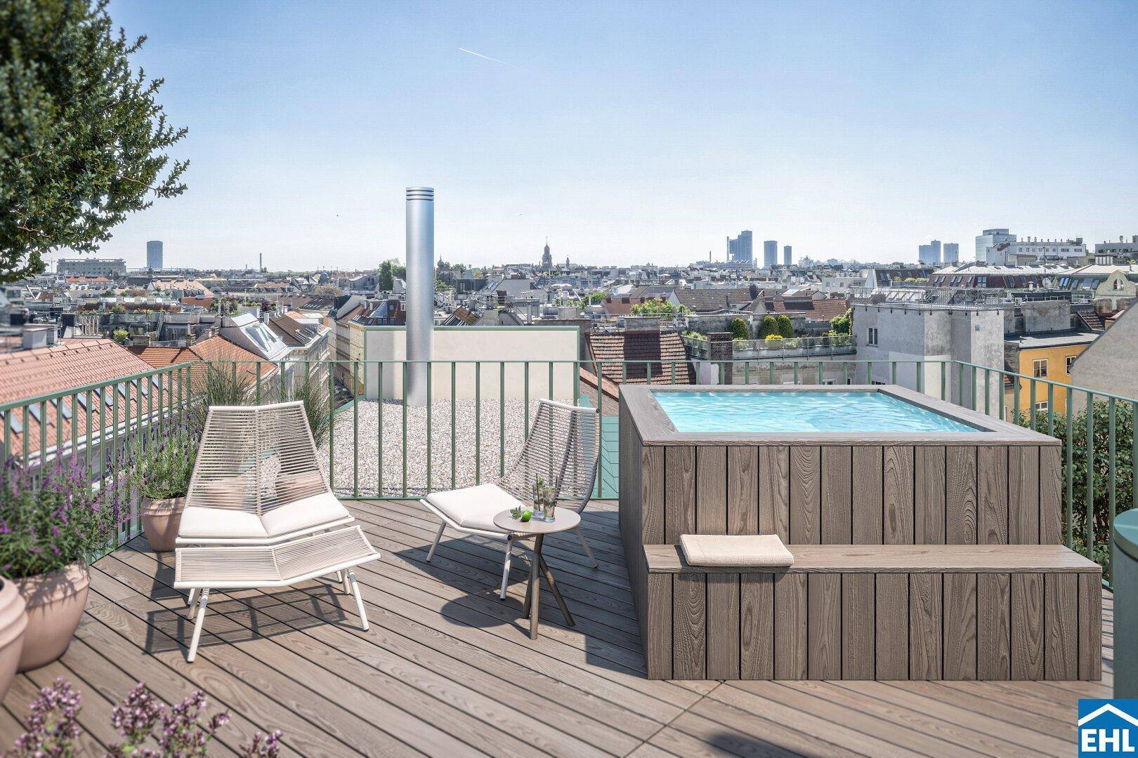 Exklusive Dachterrasse mit integriertem Whirlpool und Panoramablick auf die Stadt.