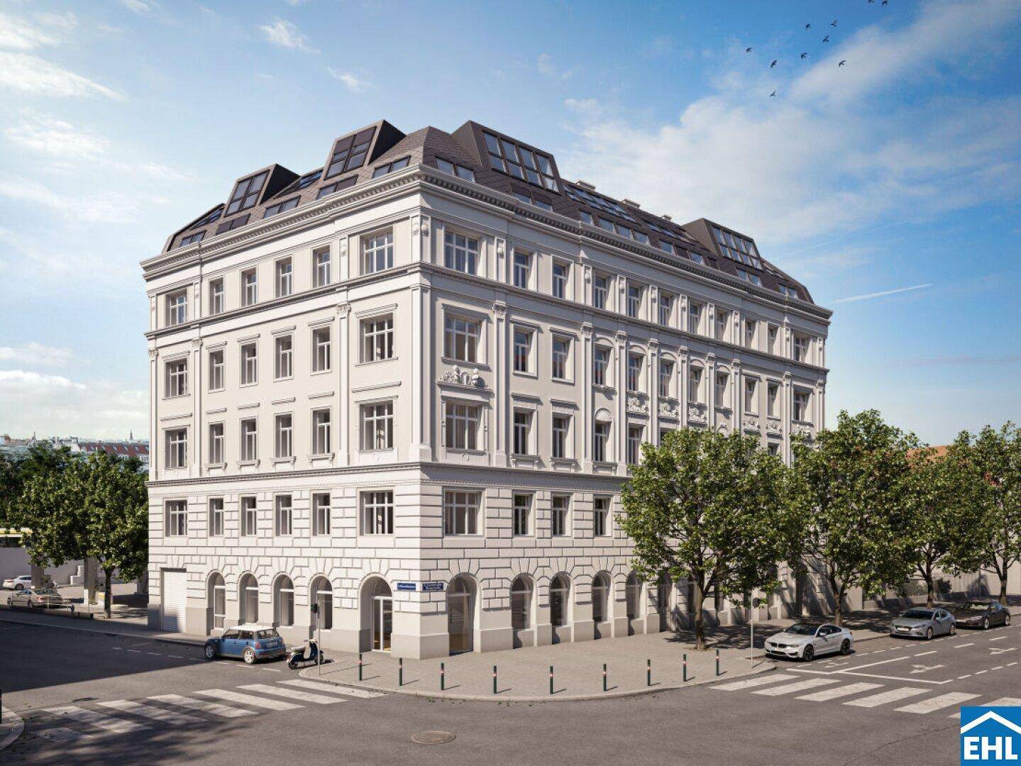 Visualisierung des modernen Wohngebäudes an einer Straßenecke bei Tageslicht.