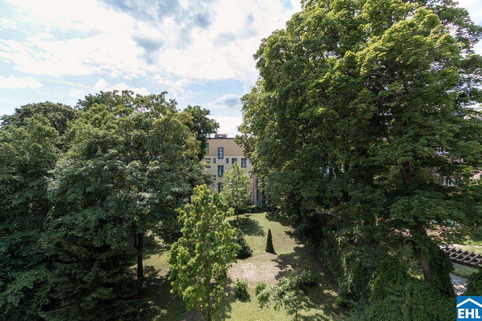 Weitläufige Grünfläche mit hohen Bäumen und einem Gebäude im Hintergrund, ideal zur Erholung.