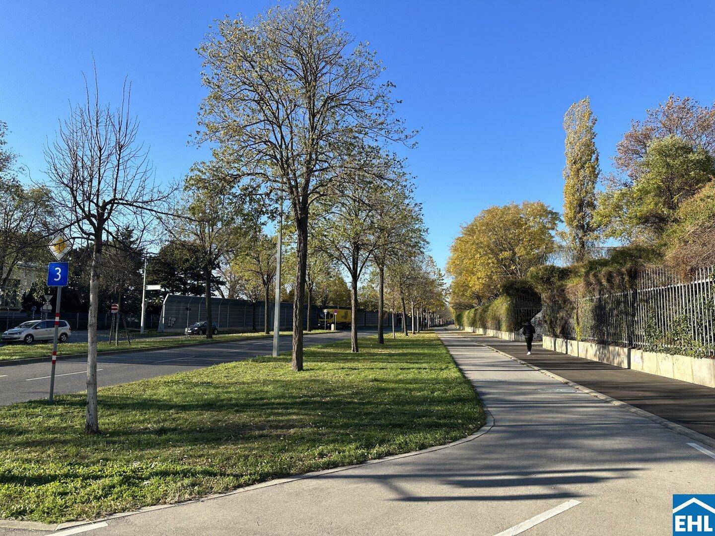 Breiter Geh- und Radweg mit Bäumen und Grünstreifen an einem sonnigen Tag.