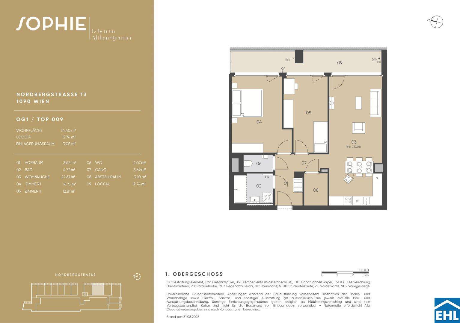 Grundriss einer Wohnung im Obergeschoss mit Loggia und drei Schlafzimmern.