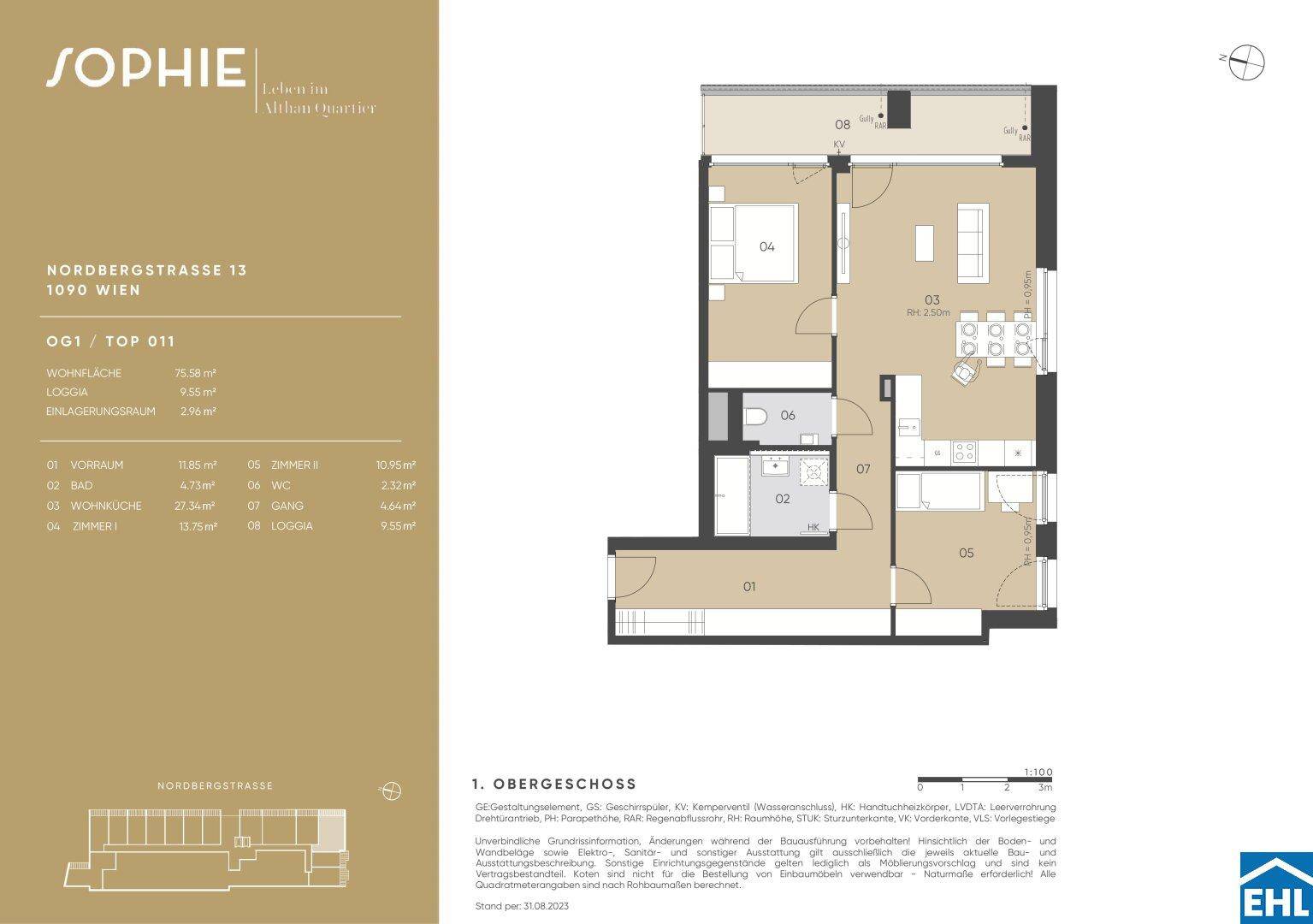 Grundriss einer Wohnung im ersten Obergeschoss mit Loggia und offenem Wohnbereich.