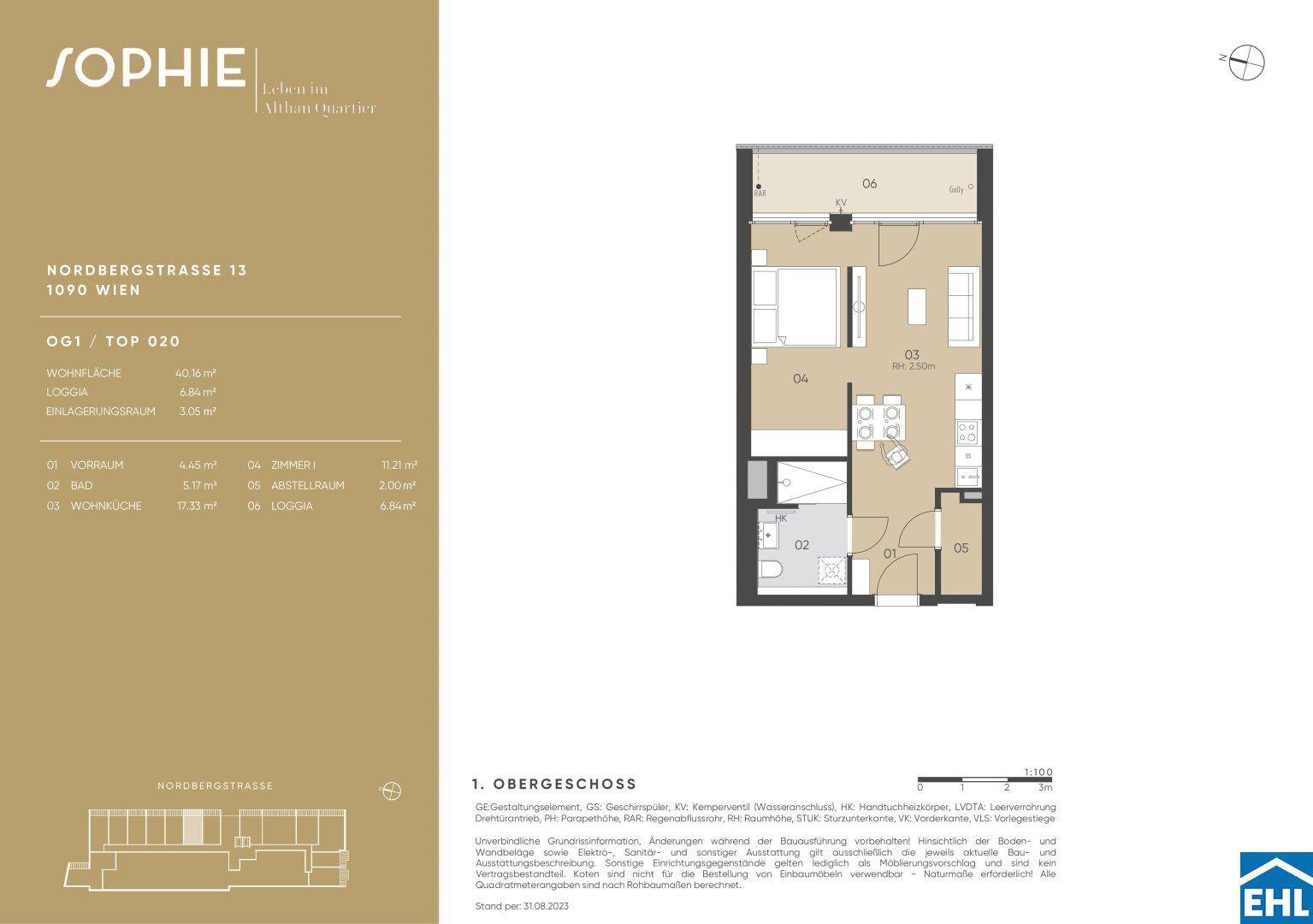 Grundriss einer Wohnung im ersten Obergeschoss mit Loggia und Abstellraum.
