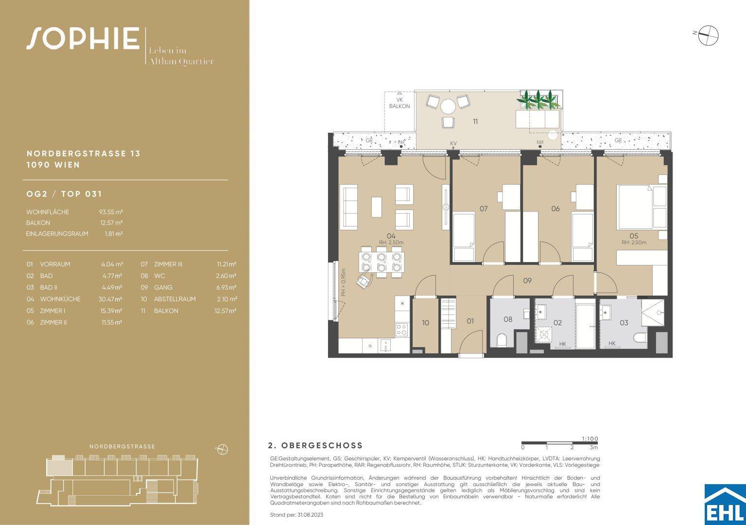 Grundriss einer Wohnung im Obergeschoss mit Balkon und mehreren Zimmern.