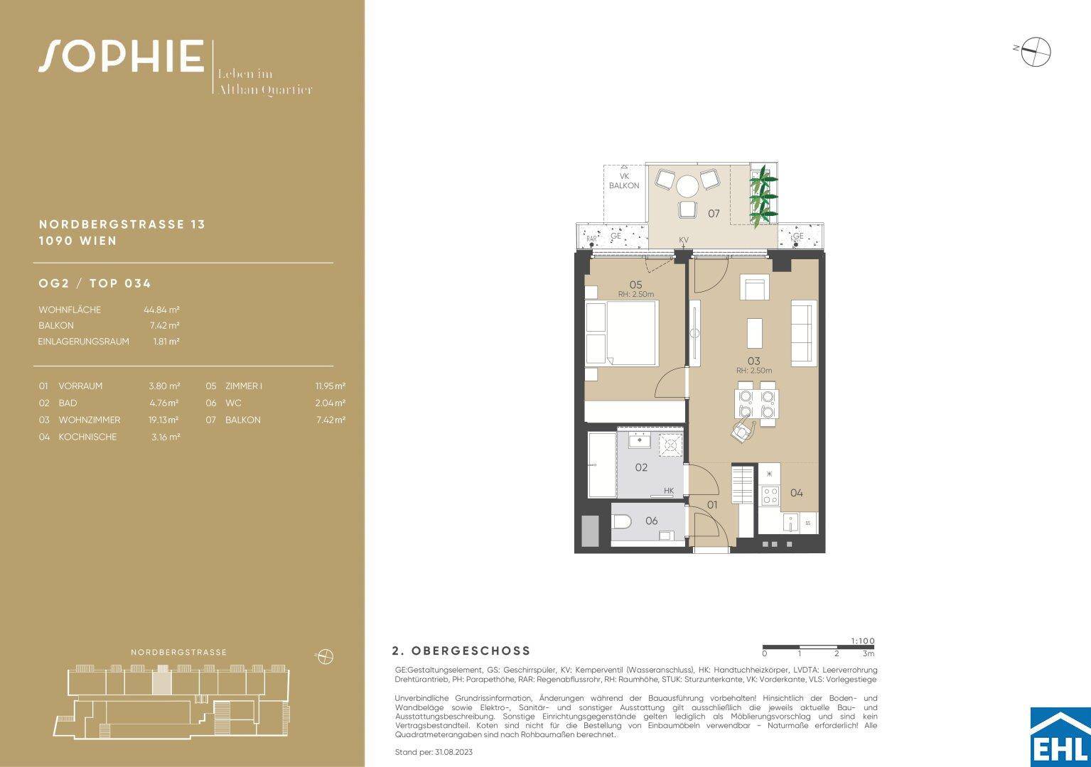 Detaillierter Grundriss einer Wohnung im zweiten Obergeschoss mit Balkon und klarer Raumaufteilung.