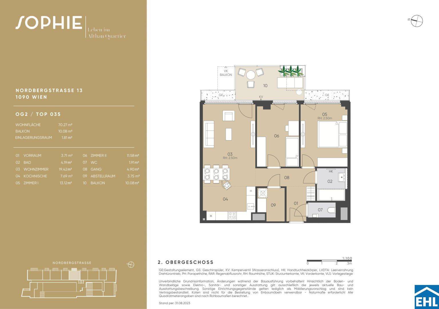 Detaillierter Grundriss einer Wohnung im Obergeschoss mit Balkon und effizienter Raumaufteilung.