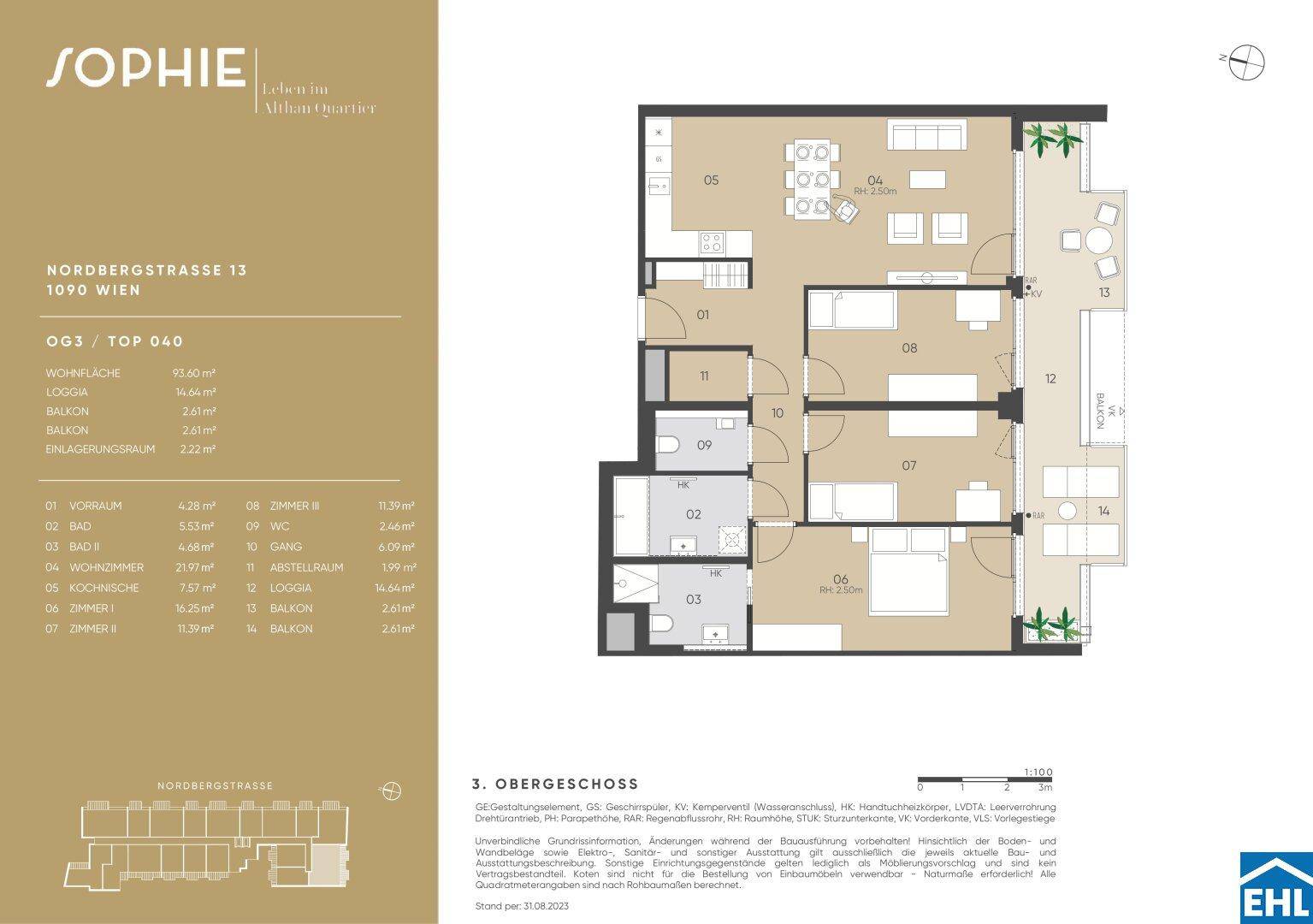 Detaillierter Grundriss einer Wohnung im 3. Obergeschoss mit mehreren Zimmern und Balkonen.