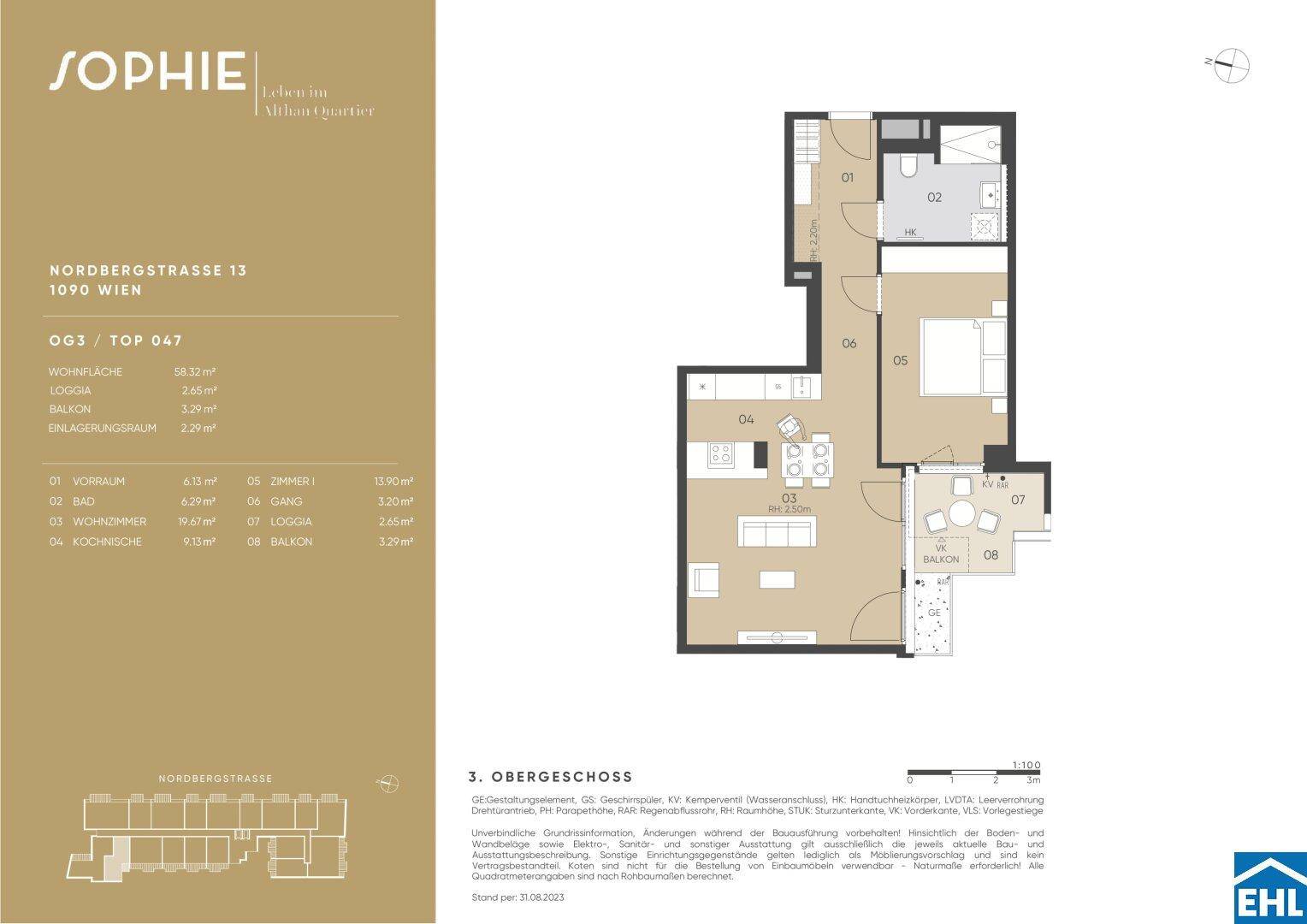 Detaillierter Grundriss einer Wohnung mit Balkon und offener Wohnküche.
