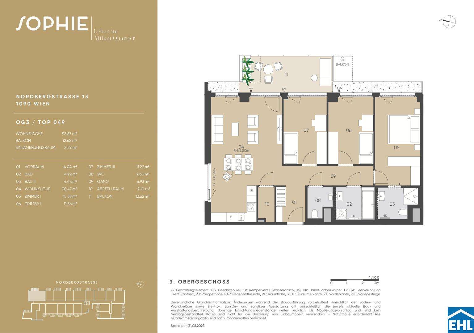 Detaillierter Grundriss einer Wohnung im dritten Obergeschoss mit Balkon und drei Zimmern.