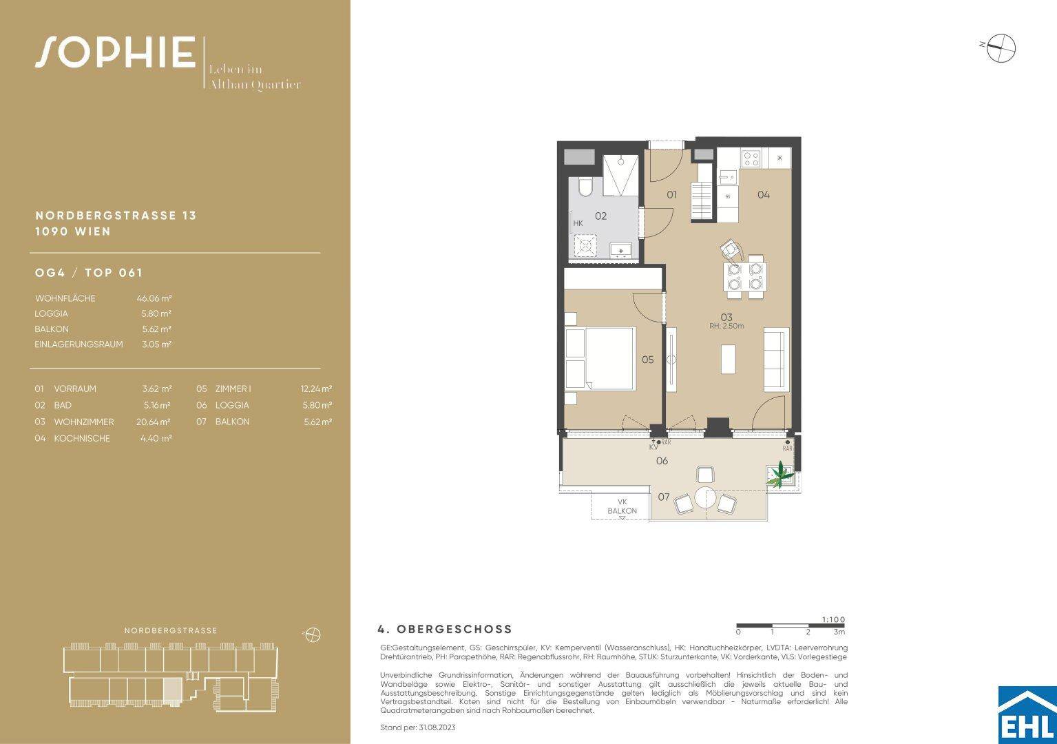 Grundriss einer Wohnung im 4. Obergeschoss mit Loggia und Balkon, zeigt eine effiziente Raumaufteilung.