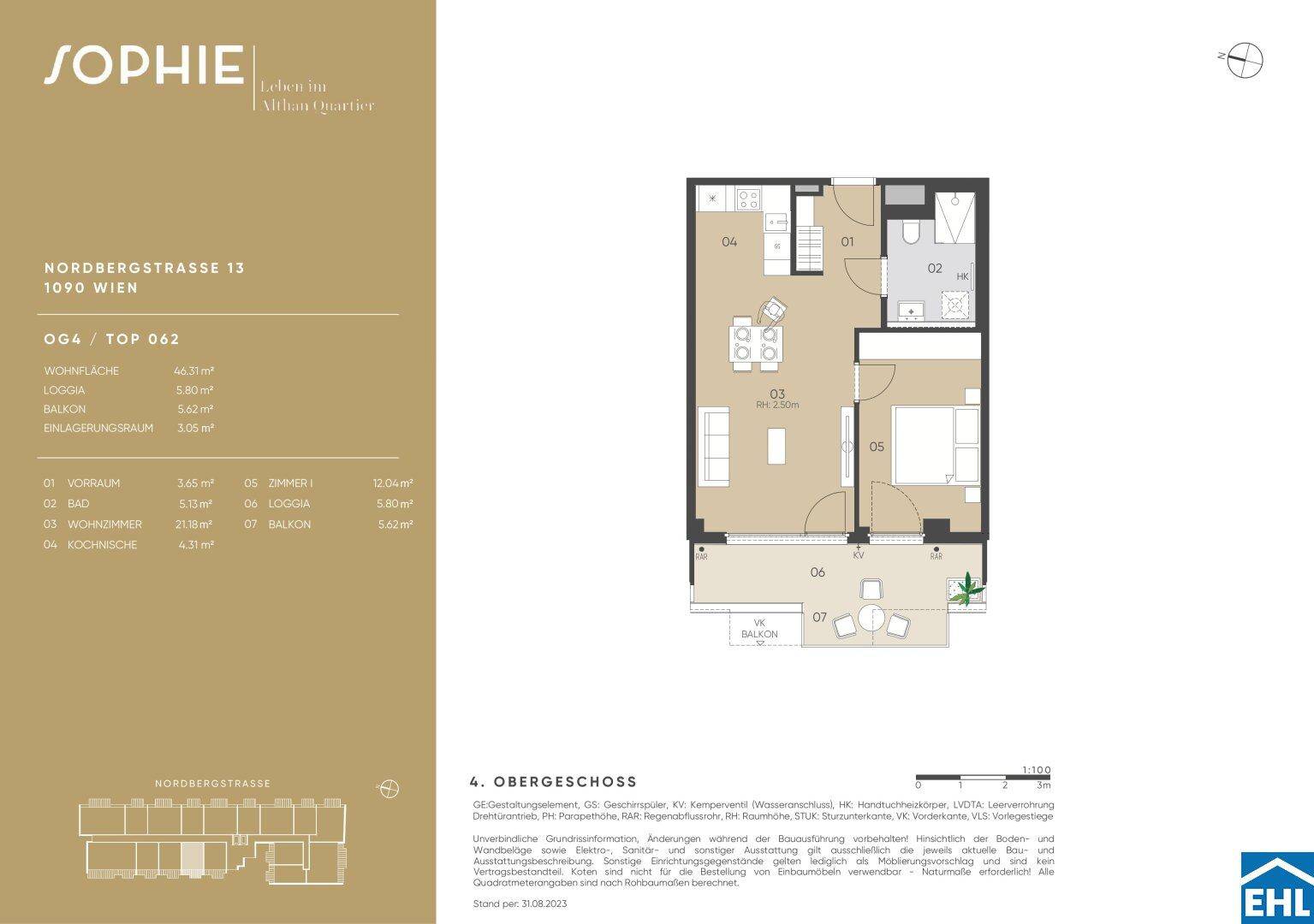 Detaillierter Grundriss einer Wohnung mit Loggia und Balkon, zeigt die Raumaufteilung.