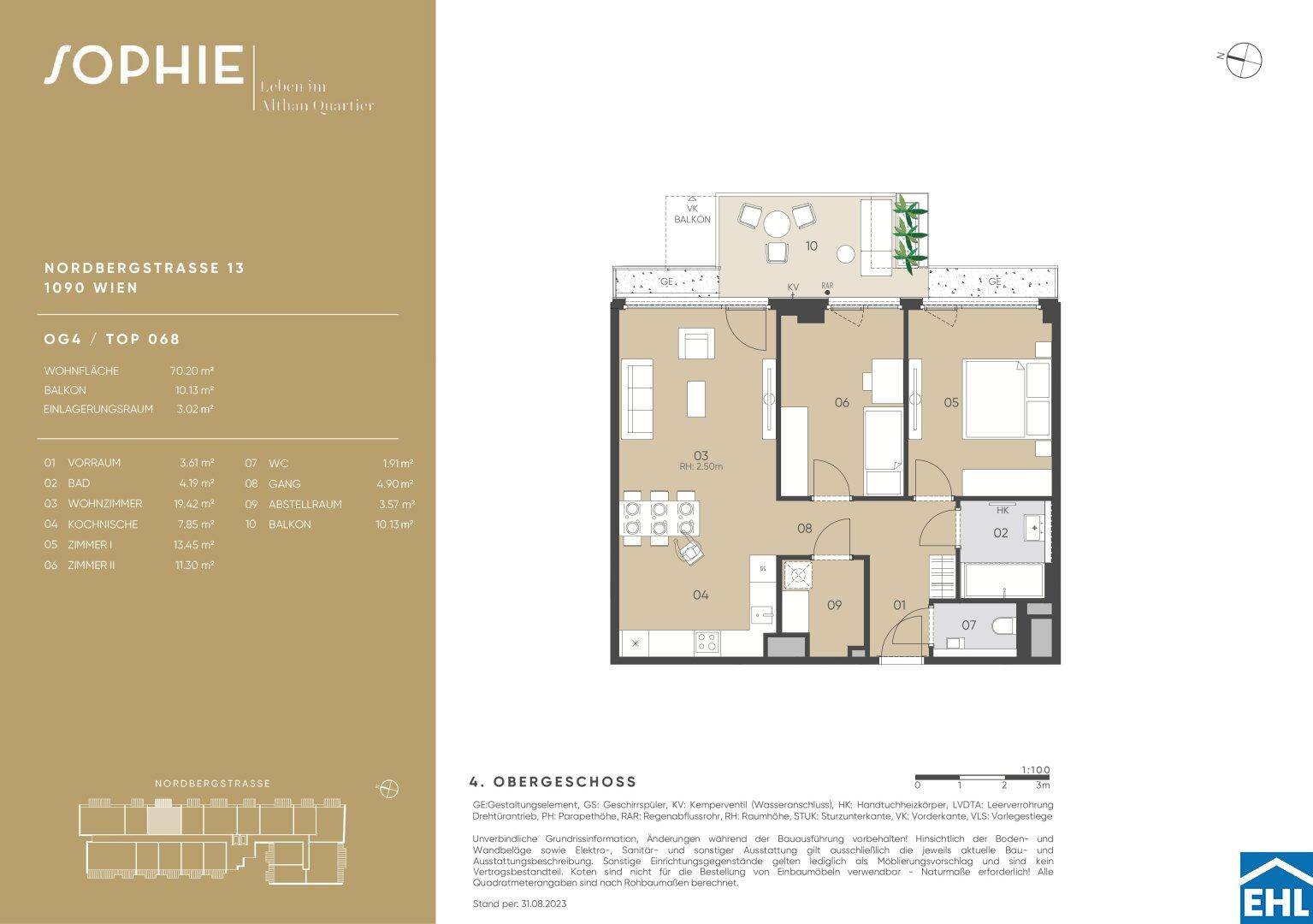 Detaillierter Grundriss einer Wohnung im 4. Obergeschoss mit Balkon und klarer Raumaufteilung.