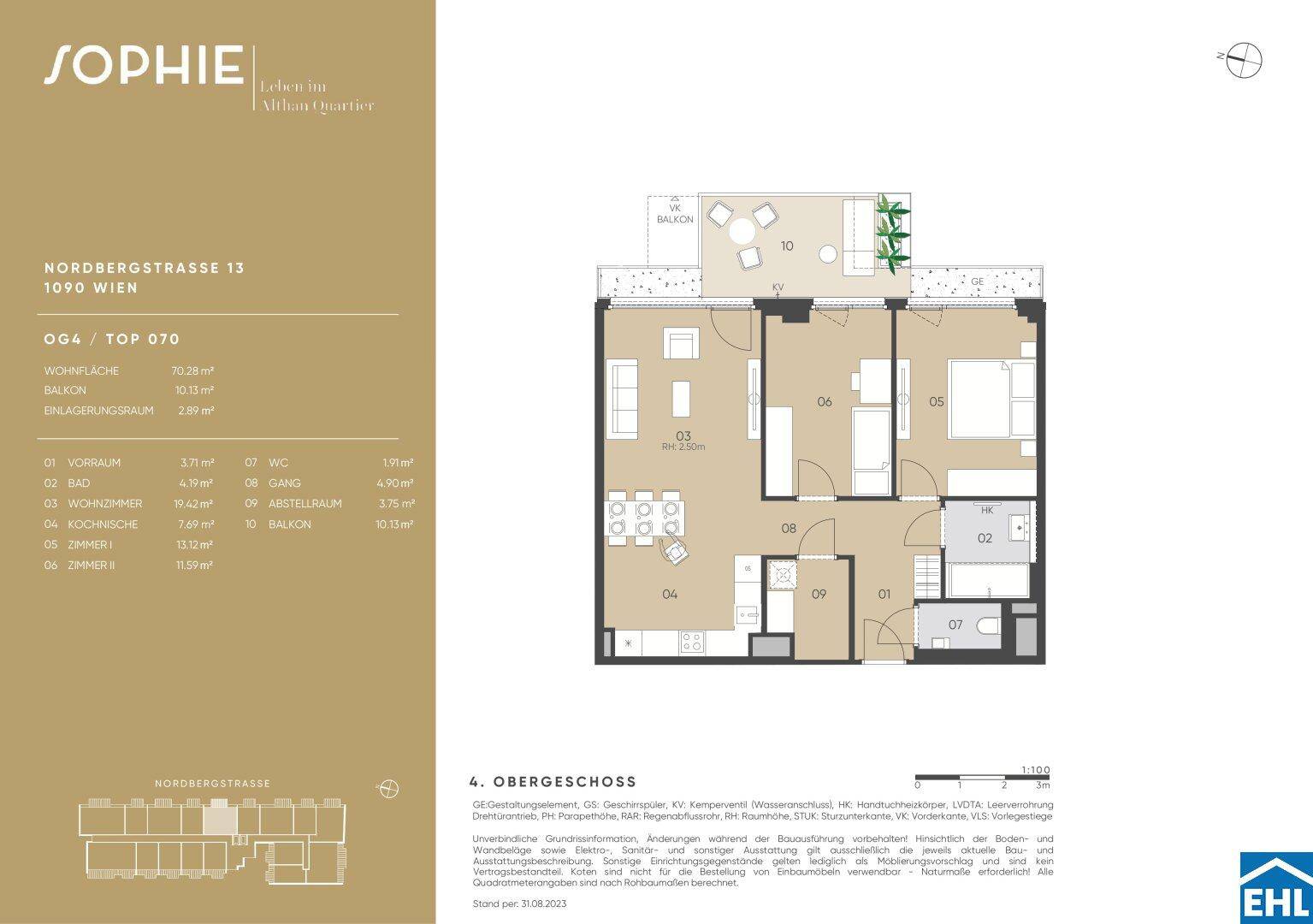Grundriss der Wohnung mit drei Zimmern, Balkon und klar definierter Raumaufteilung.