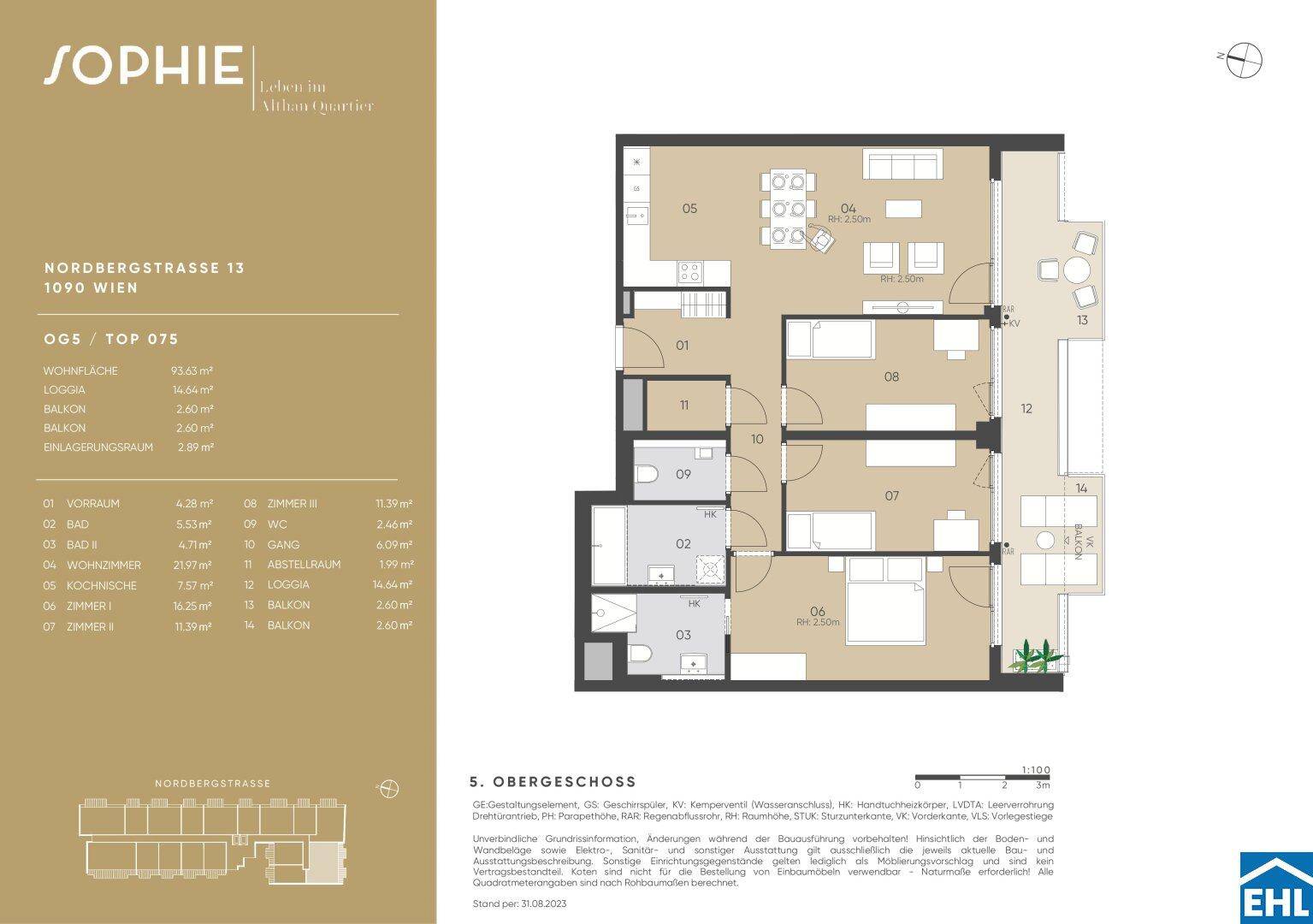 Detaillierter Grundriss einer Wohnung im 5. Obergeschoss mit mehreren Zimmern und Balkon.