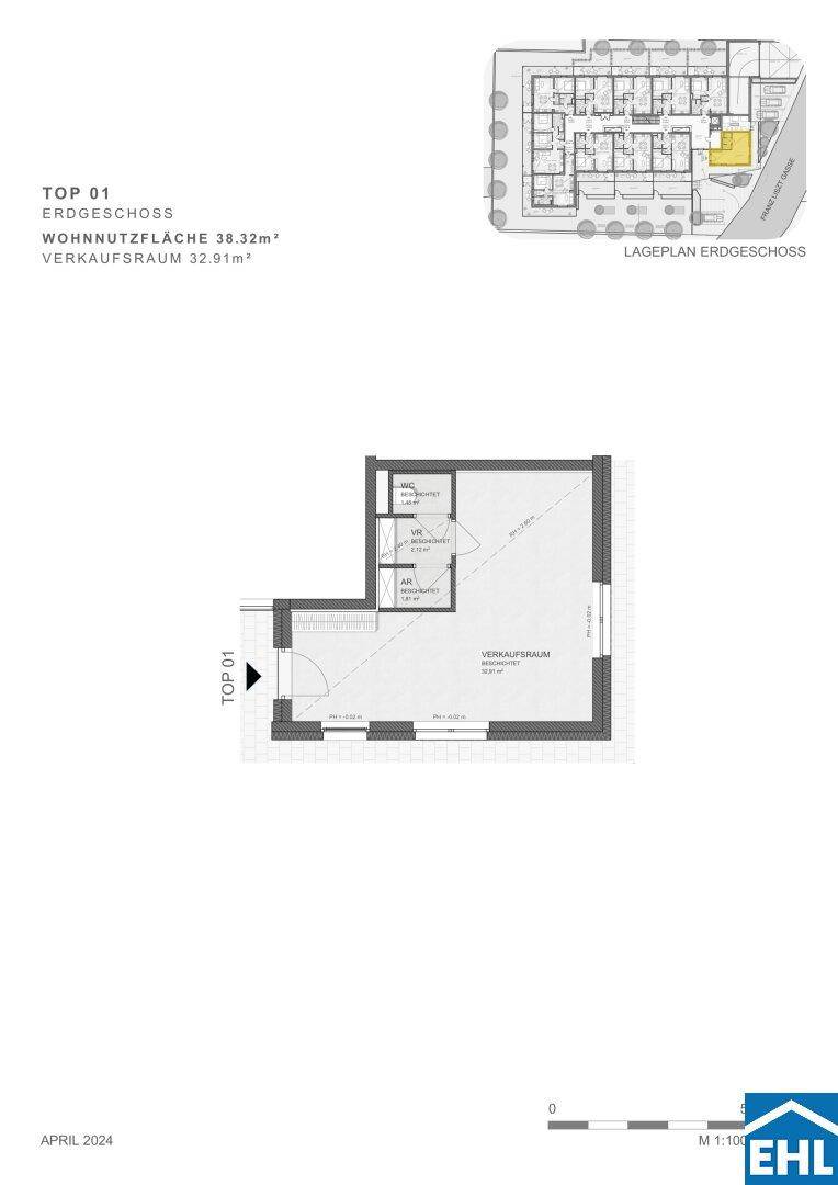 Grundriss des Erdgeschosses mit Verkaufsraum, WC und Abstellraum.