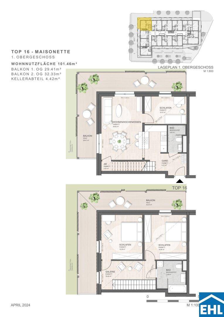 Grundriss einer Maisonette-Wohnung mit zwei Ebenen, Balkonen und offenem Wohnbereich.