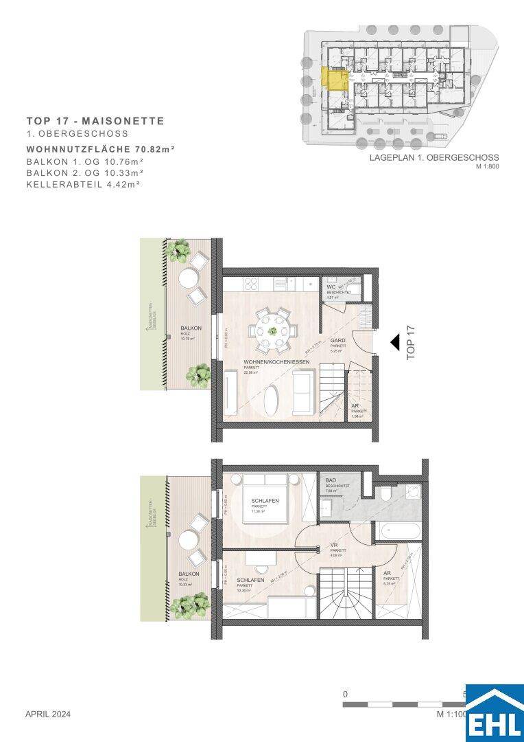 Grundriss einer Maisonette-Wohnung im Obergeschoss mit Balkonen und offenem Wohnbereich.