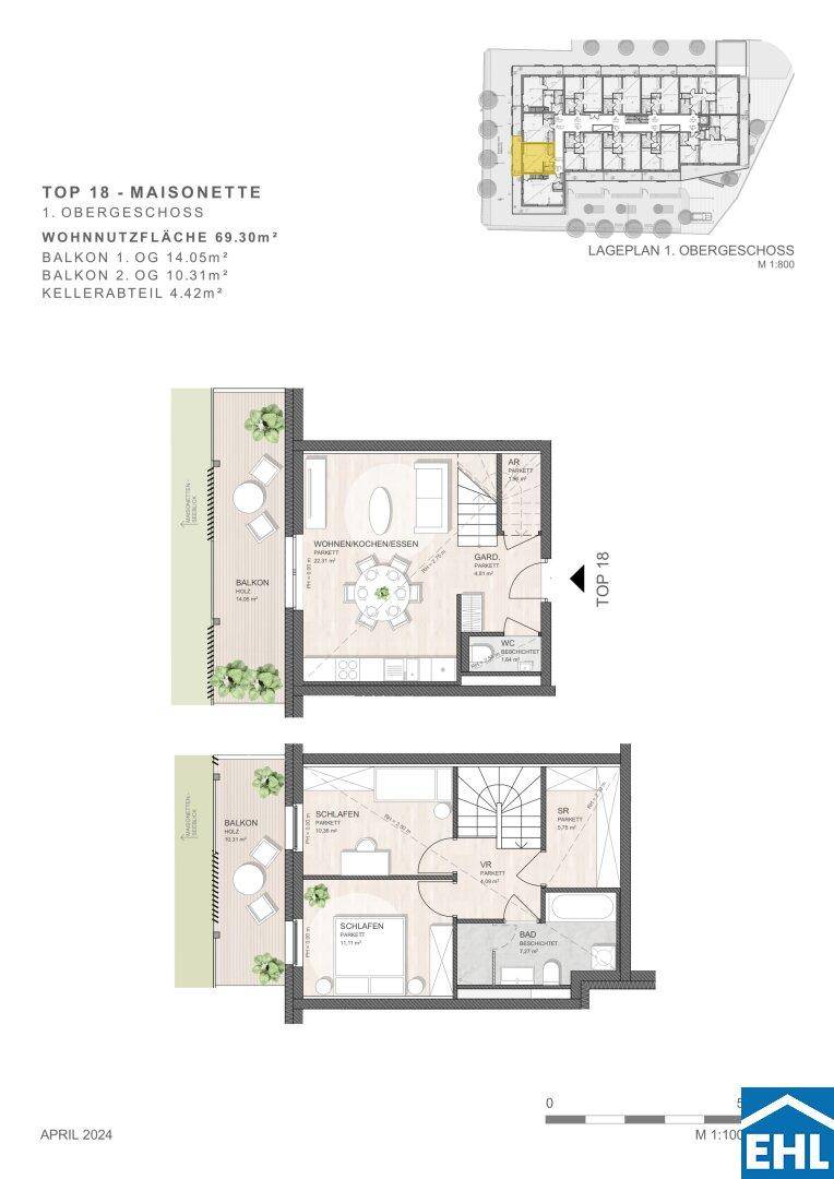 Grundriss einer Maisonette-Wohnung mit zwei Balkonen und offenem Wohn-Essbereich.