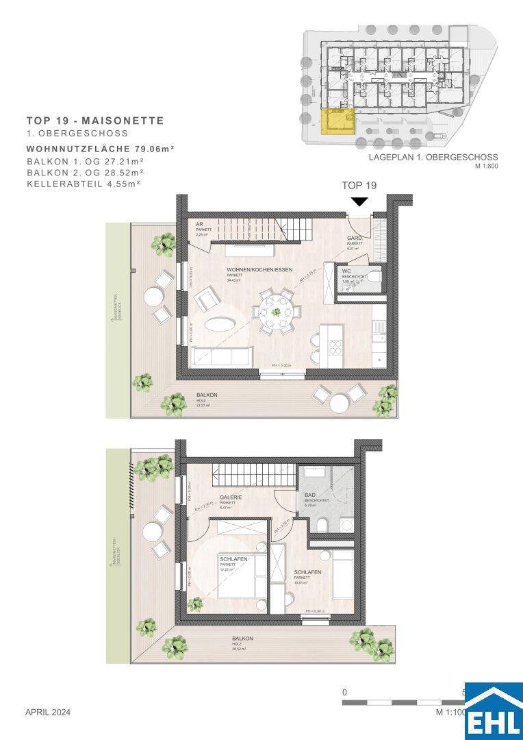 Grundriss einer Maisonette-Wohnung mit zwei Balkonen und offenem Wohn-Essbereich.