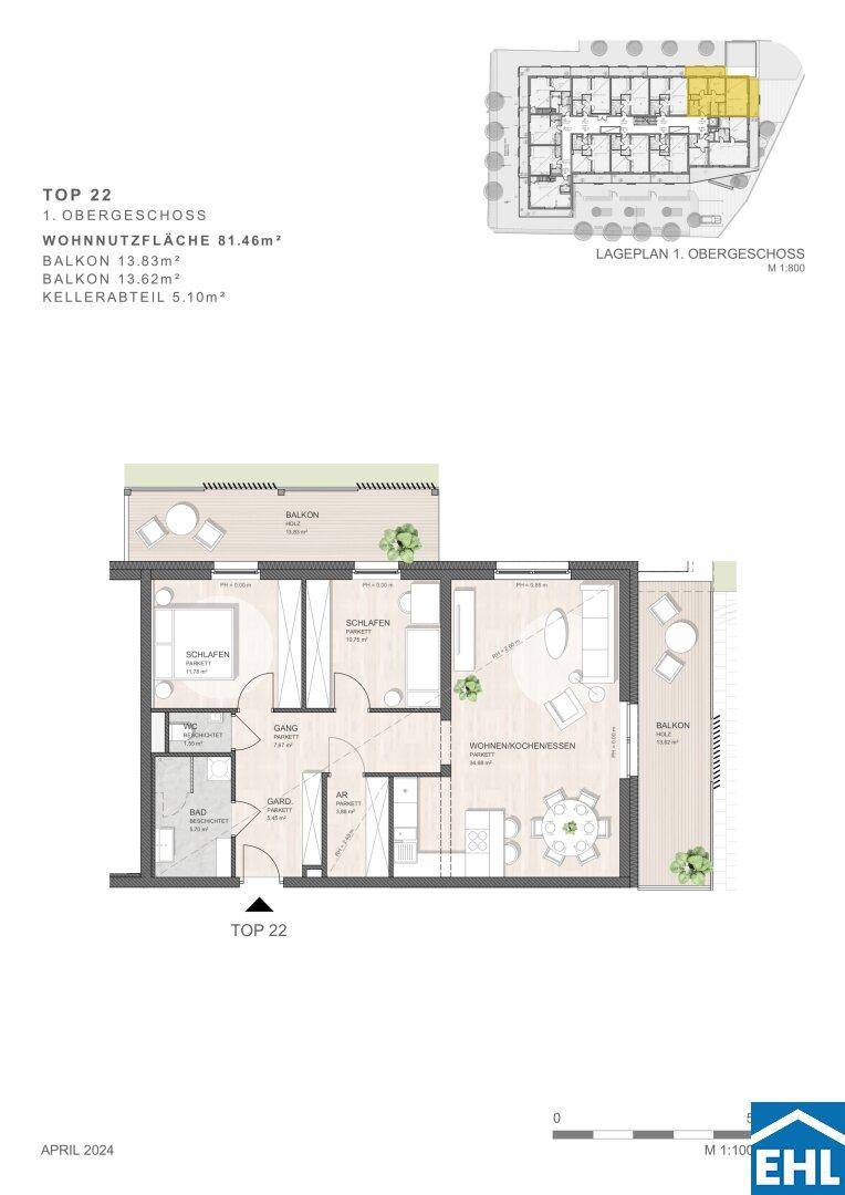 Detaillierter Grundriss der Wohnung TOP 22 mit Wohn-, Schlaf- und Balkonbereichen.