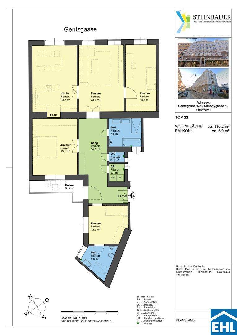 Detaillierter Grundriss einer Wohnung mit 130,2 m² Wohnfläche und Balkon.