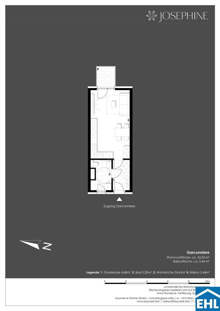 Grundriss einer Garconniere mit offenem Wohnbereich, Bad und Zugang zu einem Balkon.