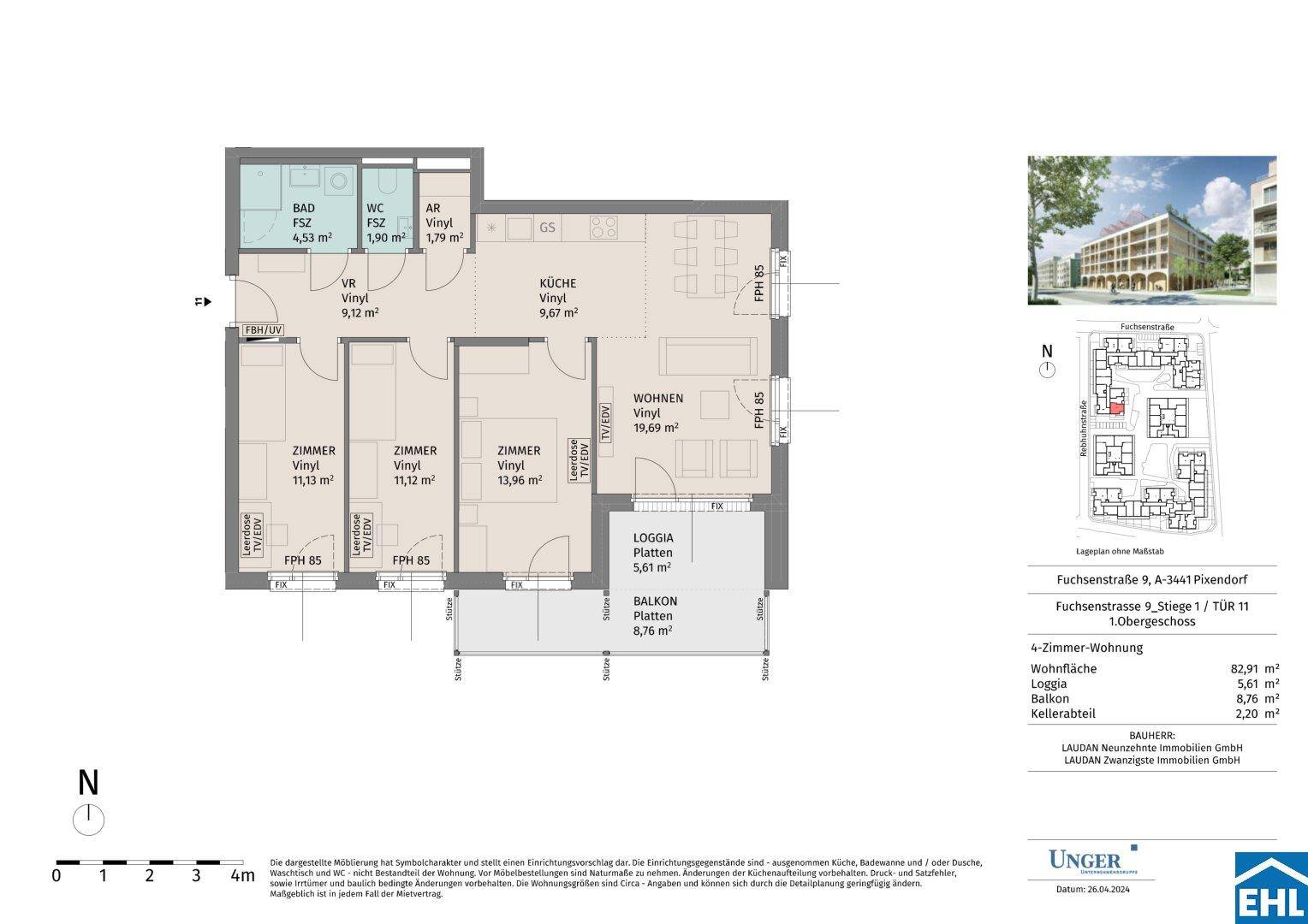 Grundriss einer 4-Zimmer-Wohnung mit Loggia und Balkon, detailliert dargestellt.