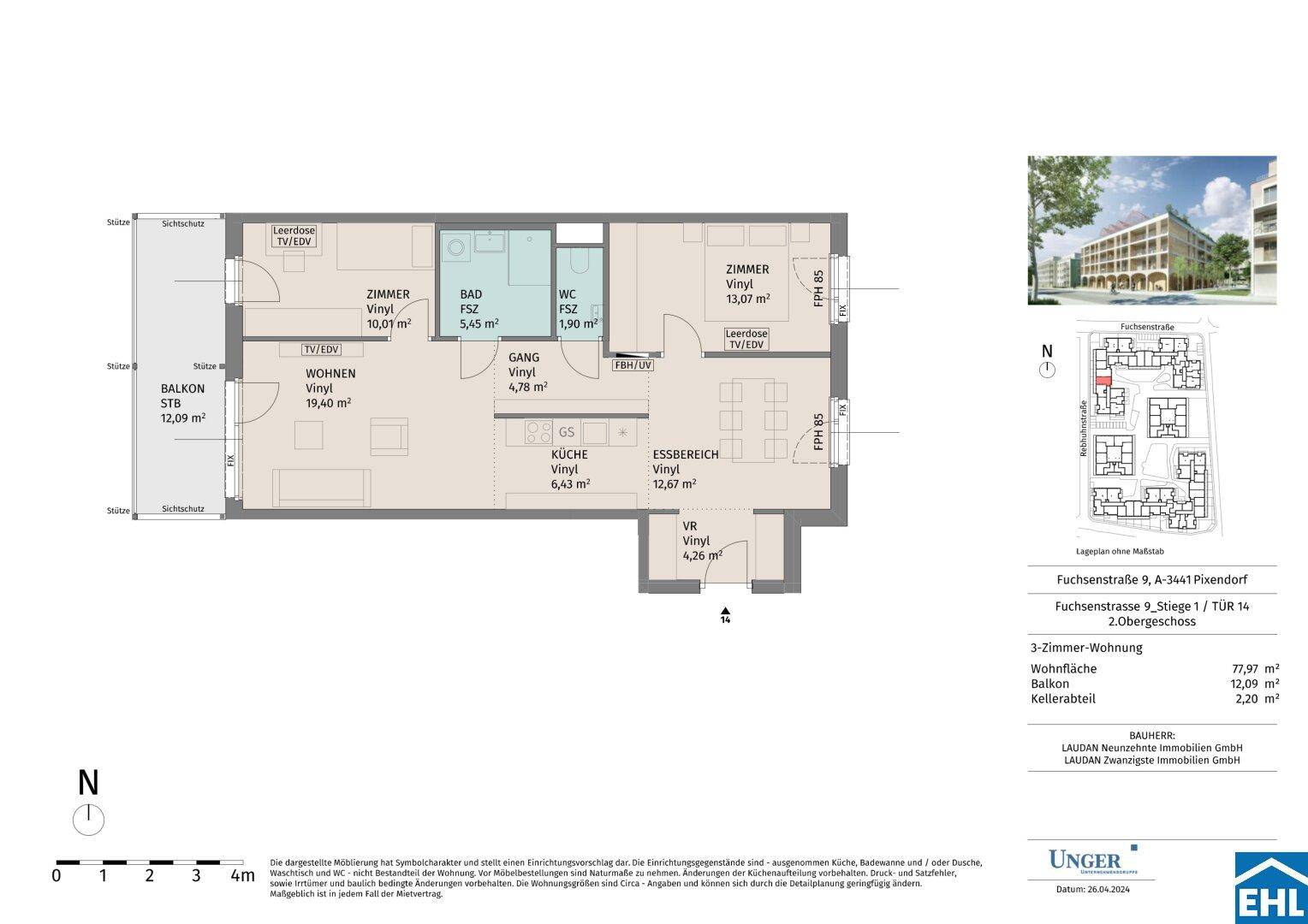 Detaillierter Grundriss einer 3-Zimmer-Wohnung mit Balkon und klarer Raumaufteilung.