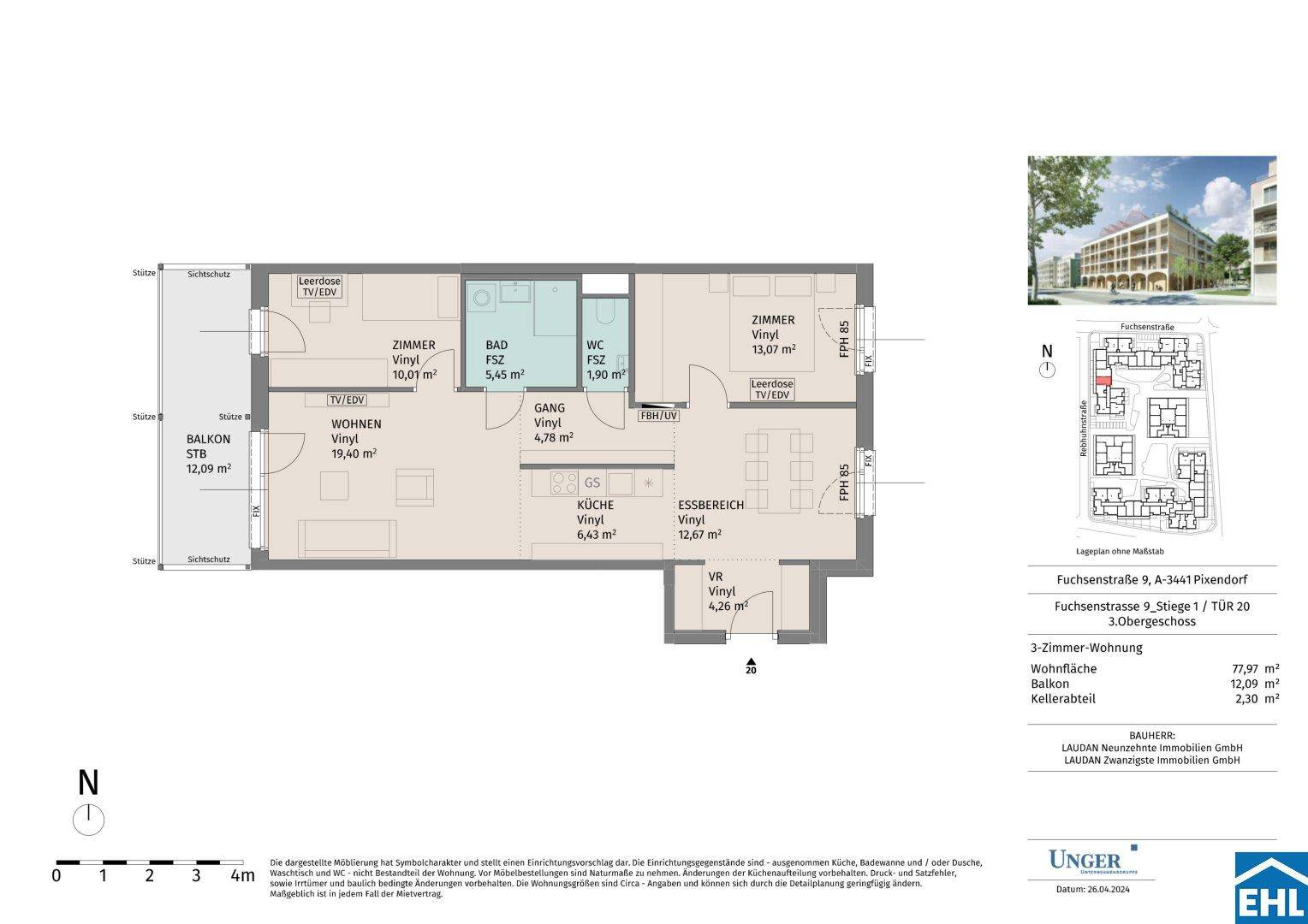 Detaillierter Grundriss einer 3-Zimmer-Wohnung mit Balkon und klarer Raumaufteilung.