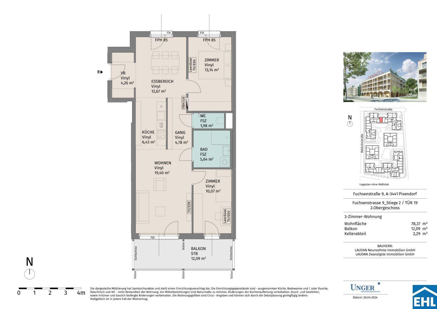 Detaillierter Grundriss einer 3-Zimmer-Wohnung mit Balkon und separatem WC.