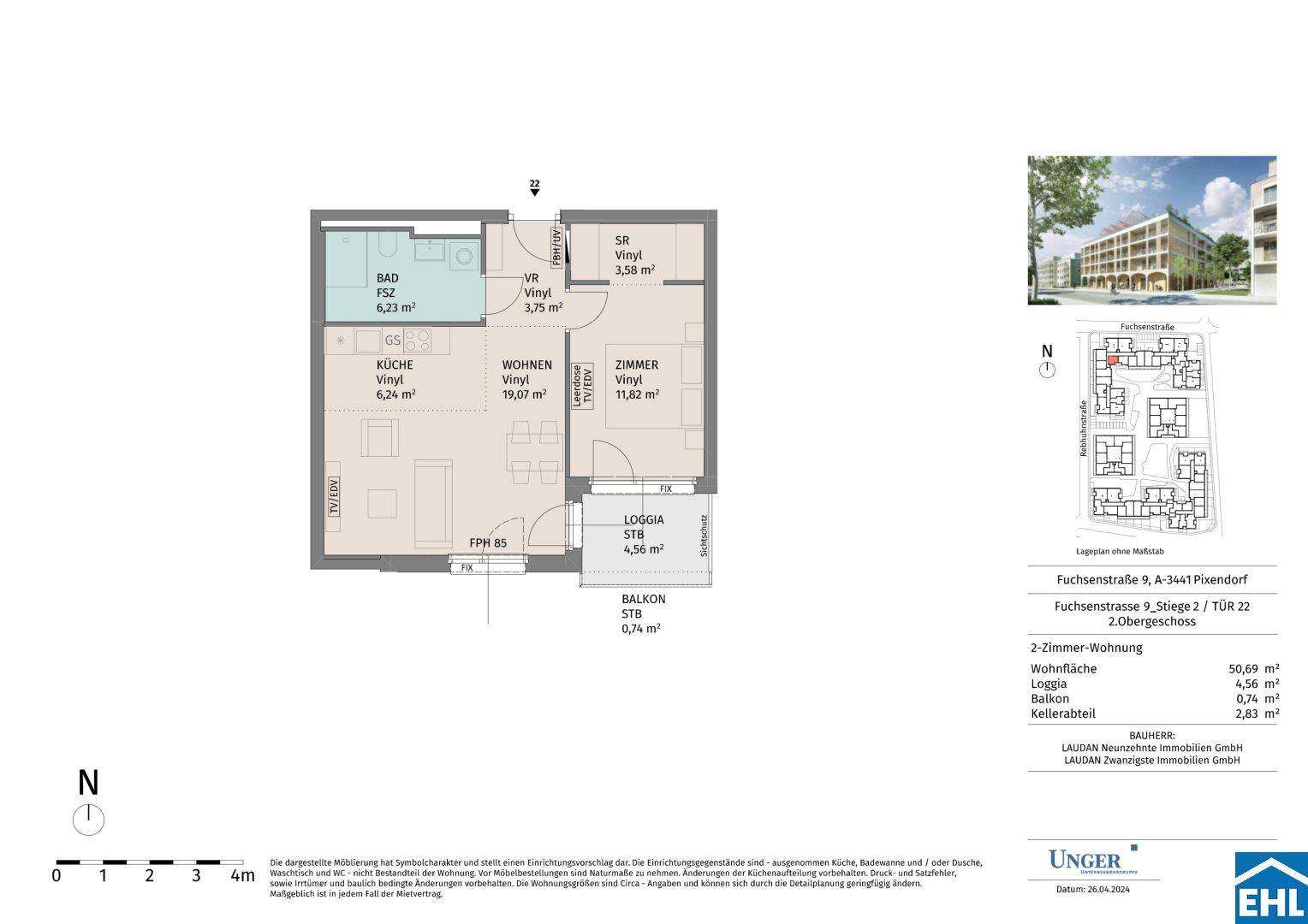 Grundriss einer 2-Zimmer-Wohnung mit Loggia und Balkon, Gesamtfläche 50,69 m².