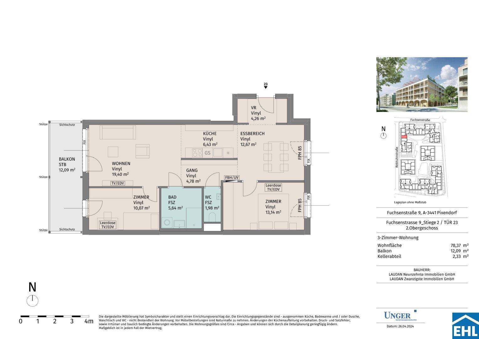 Detaillierter Grundriss einer 3-Zimmer-Wohnung mit Balkon und klarer Raumaufteilung.