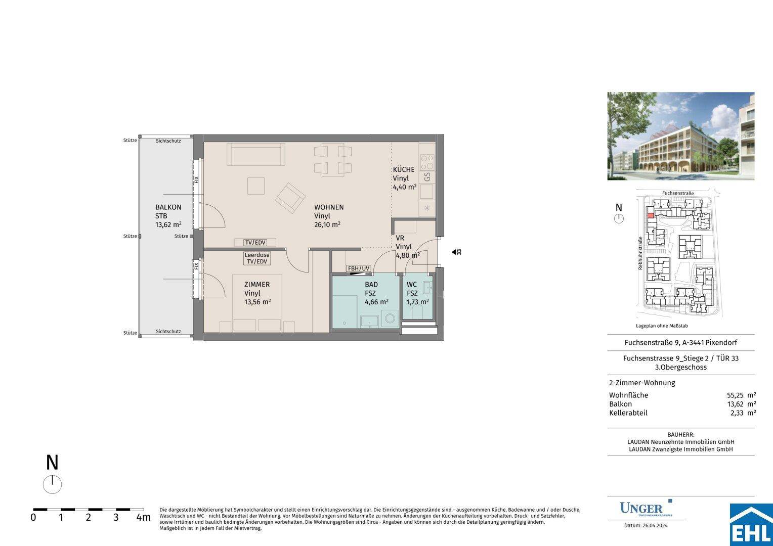 Grundriss einer 2-Zimmer-Wohnung mit offenem Wohnbereich, Balkon und separatem WC.