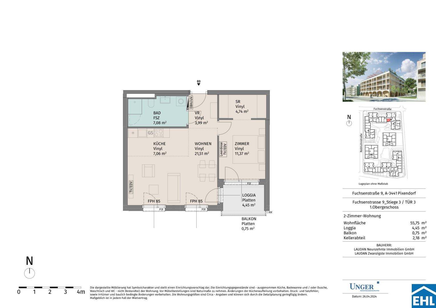 Grundriss einer 2-Zimmer-Wohnung mit separater Küche, Bad, Loggia und kleinem Balkon.