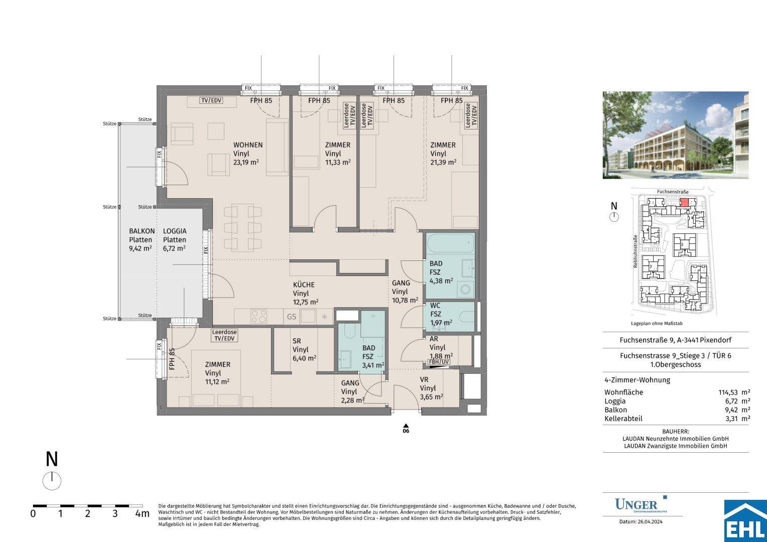 Detaillierter Grundriss einer 4-Zimmer-Wohnung mit Loggia und Balkon.