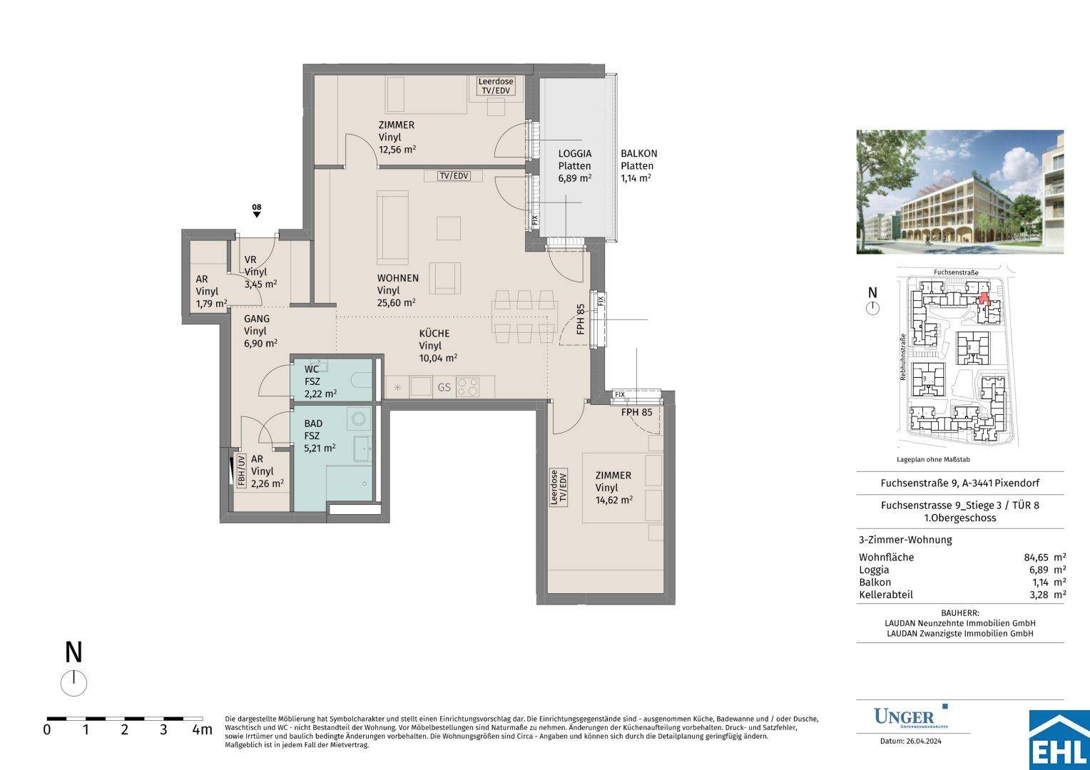 Detaillierter Grundriss einer 3-Zimmer-Wohnung mit Loggia und Balkon, inklusive aller Flächenangaben.