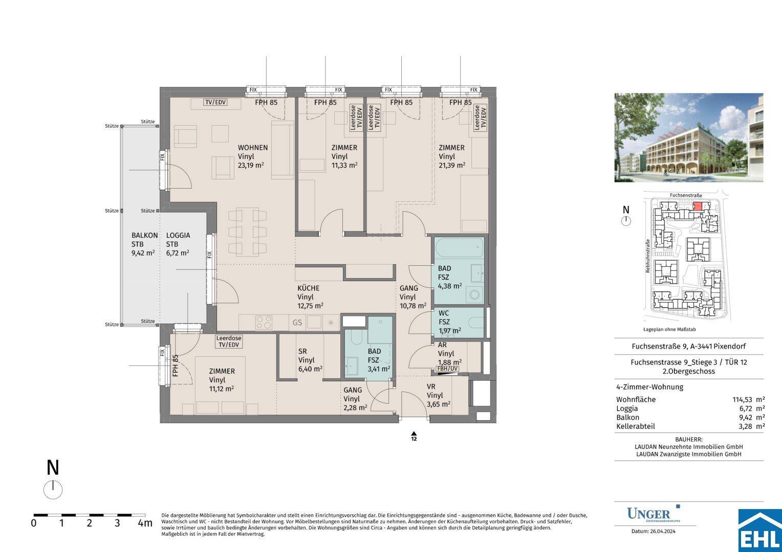 Detaillierter Grundriss einer 4-Zimmer-Wohnung mit offenem Wohnbereich, Balkon und Loggia.