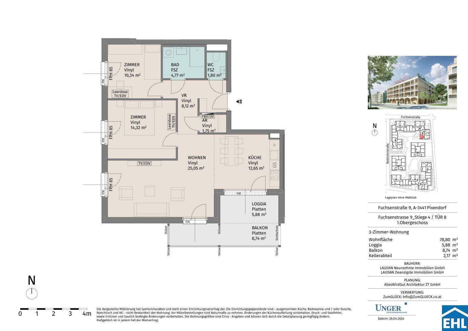 Grundriss einer 3-Zimmer-Wohnung mit offenem Wohnbereich, Loggia und Balkon.