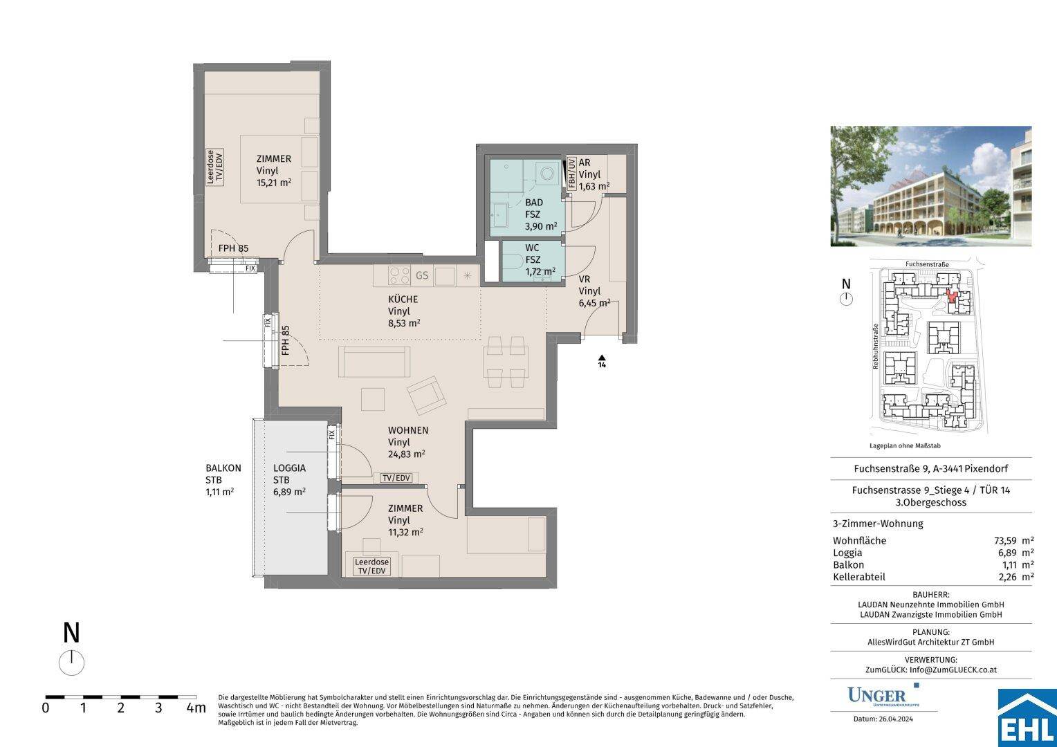 Detaillierter Grundriss einer 3-Zimmer-Wohnung mit Balkon und Loggia.