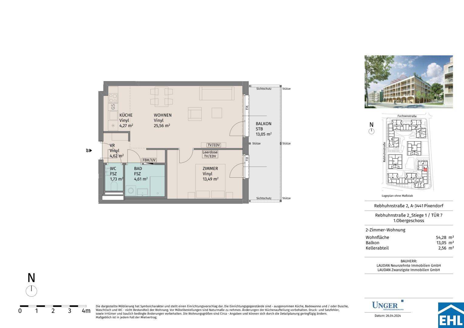 Grundriss einer 2-Zimmer-Wohnung mit Balkon und separatem WC.